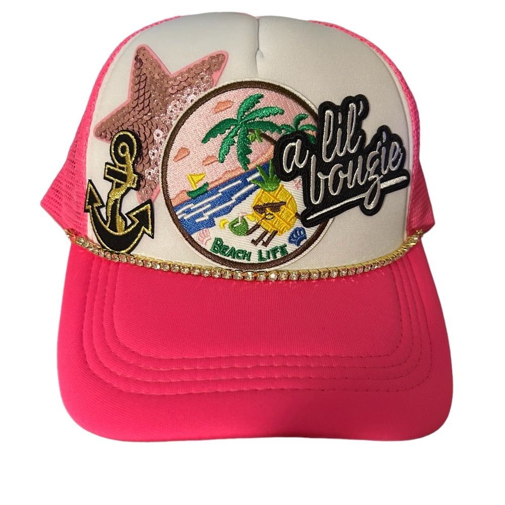 *BEACH LIFE* patch trucker hat w/Rhinestone chain